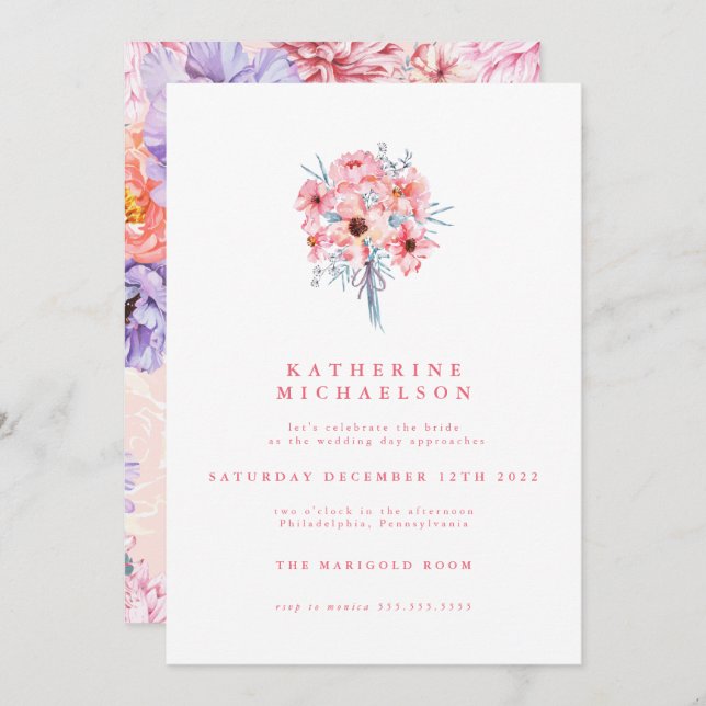 Invitation FÊTE DES MARIÉES | Bouquet de fleurs d'aquarelle I (Devant / Derrière)