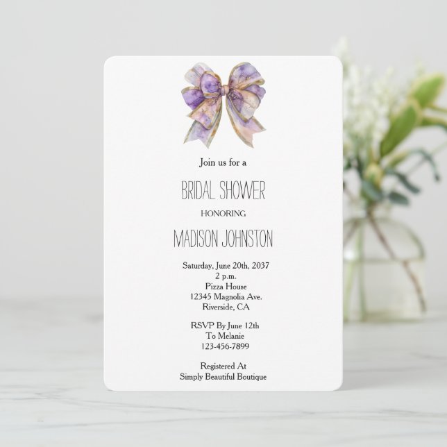 Invitation Fête des mariées Bow or violet (Debout devant)