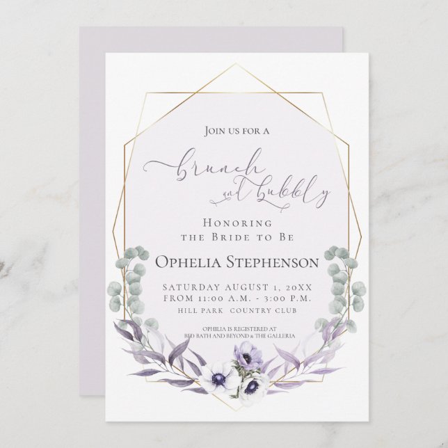 Invitation FÊTE DES MARIÉES | Brunch & Bubbly Dusty Lilac Flo (Devant / Derrière)