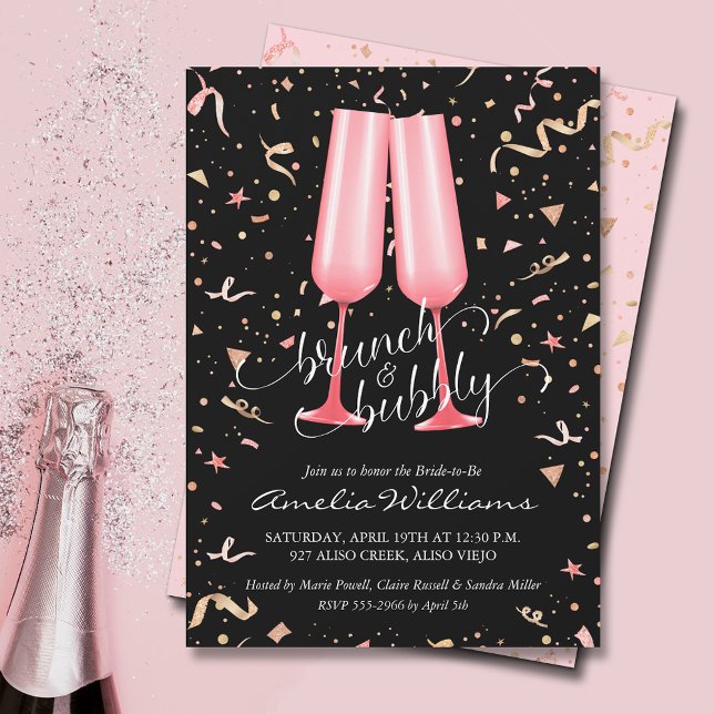Invitation Fête des mariées Brunch et Bubby (Brunch and bubbly pink champagne glasses and streamers on black bridal shower invitations)