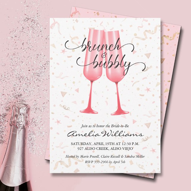 Invitation Fête des mariées Brunch et Bubby (Brunch and bubbly pink champagne glasses and streamers bridal shower invitations)