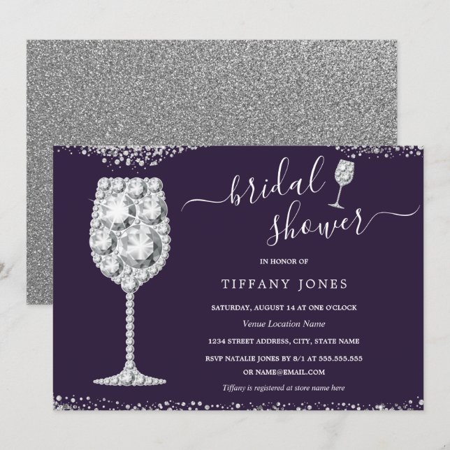 Invitation Fête des mariées Bubbly en argent violet (Devant / Derrière)
