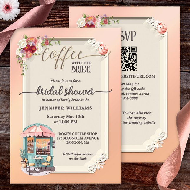 Invitation Fête des mariées café fille rose (Cute bridal shower invitation featuring a girly design with a coffee shop with flowers )