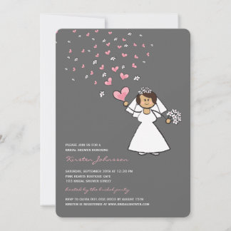 Invitation Fête des mariées Cartoon Bride Coeurs Rose Fleurs