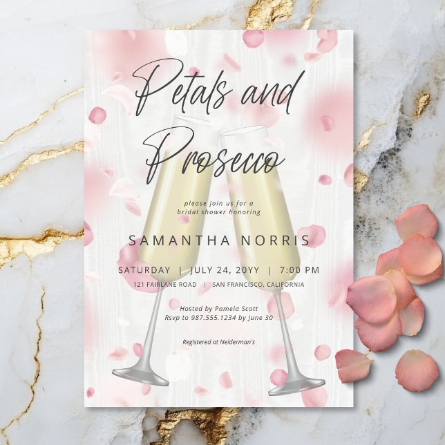 Invitation Fête des mariées Champagne moderne Petals & Prosec (Modern Champagne Petals & Prosecco Bridal Shower Invitation)