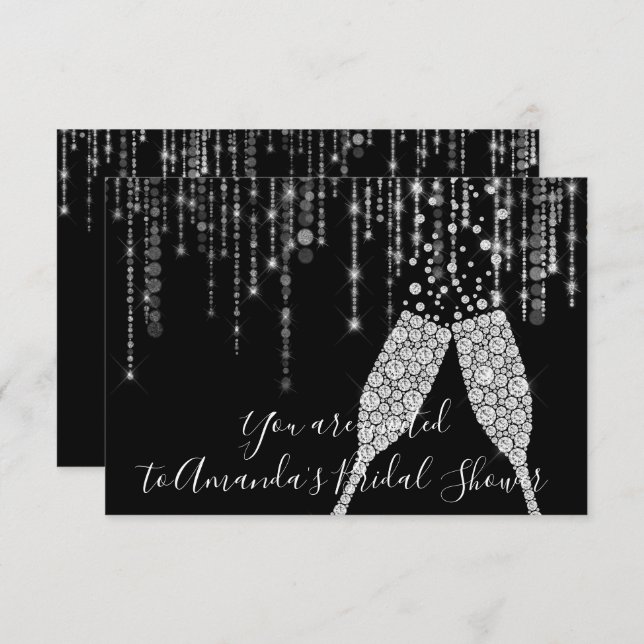 Invitation Fête des mariées Champaigne Bulles en verre gris a (Devant / Derrière)