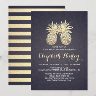 Invitation Fête des mariées Chic Gold Ananas Couple Marine Bl