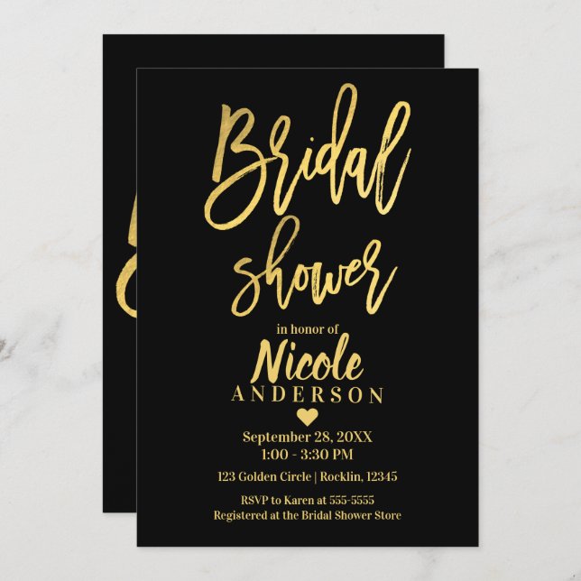 Invitation FÊTE DES MARIÉES Chic Gold Foil Black Modern Scrip (Devant / Derrière)