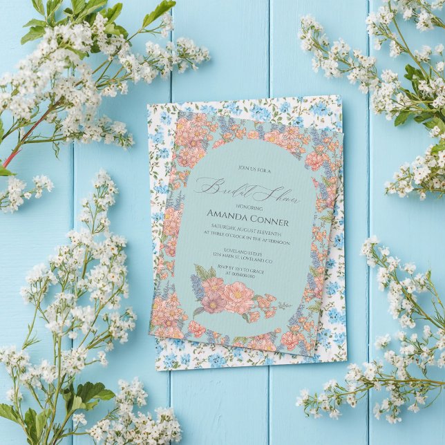 Invitation Fête des mariées chic rose et bleu shabby (Créateur téléchargé)