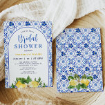 Invitation Fête des mariées citron arc jaune bleu<br><div class="desc">Bleu Arc Jaune Lémon Invitation Douche nuptiale Principalement bleu et blanc carrelage méditerranéen et citron nuptiale invitation aussi avec une arche. Cette invitation à la nuptiale au citron bleu et jaune est idéale pour un citron ou elle a trouvé sa principale douche nuptiale pressée.</div>