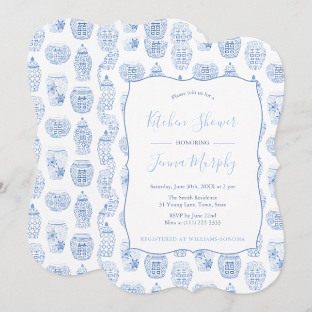 Invitation Fête des mariées Classique Bleu Et Blanc (Devant / Derrière)