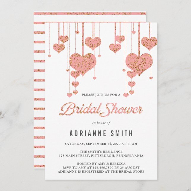 Invitation Fête des mariées Coeurs rose et or (Devant / Derrière)
