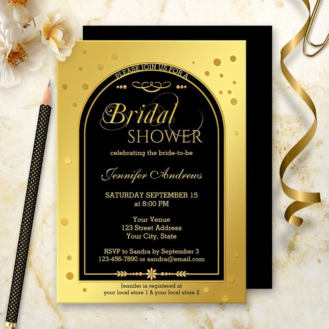 Invitation Fête des mariées Confetti Noir Or (A bridal shower invitation in black and gold with sparkling confetti. )