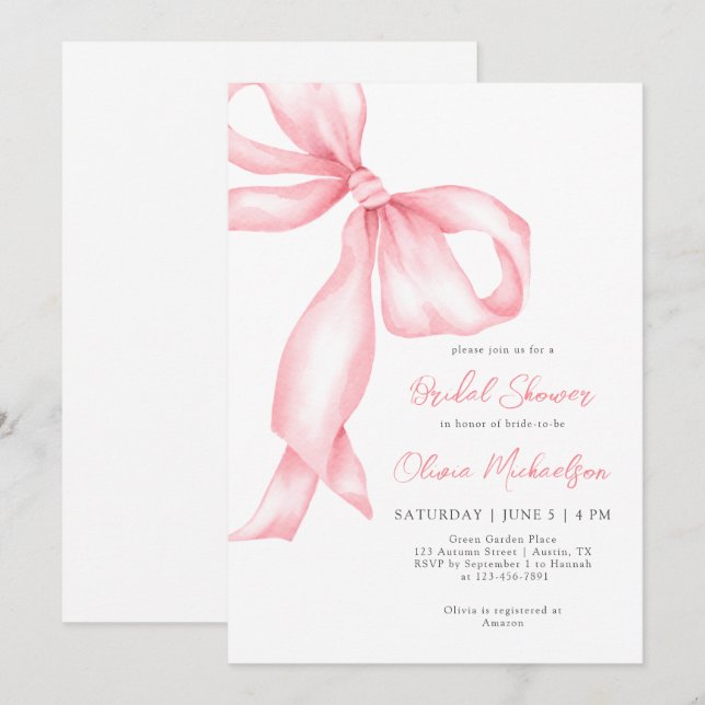 Invitation Fête des mariées Coquette Blush Pink Ribbon Bow (Devant / Derrière)