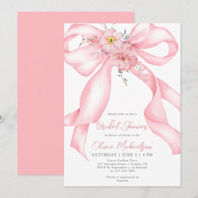 Invitation Fête des mariées Coquette Boho Bow Boho Rose Flora (Devant / Derrière)
