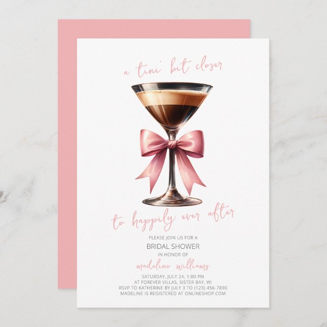Invitation Fête des mariées Coquette Bow Espresso Martini (Devant / Derrière)