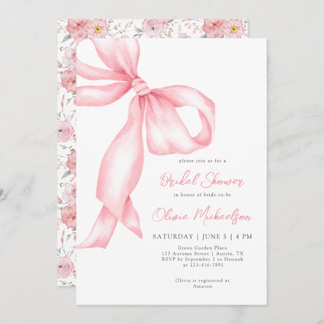 Invitation Fête des mariées Coquette Florale Bow rose Ribbon (Devant / Derrière)