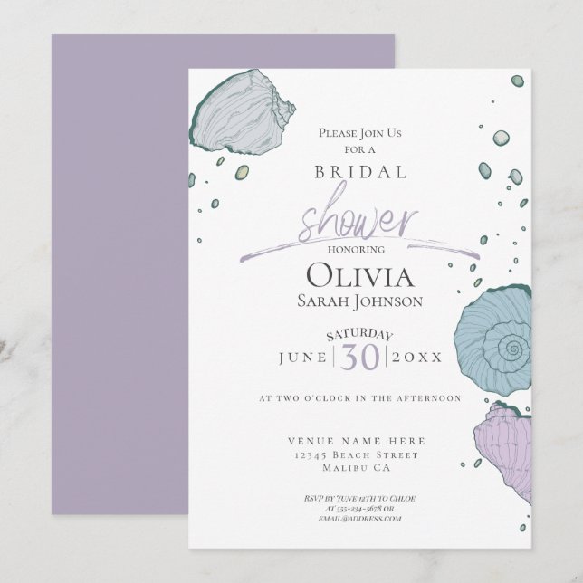 Invitation Fête des mariées | Coquillages de plage Lilac Dust (Devant / Derrière)