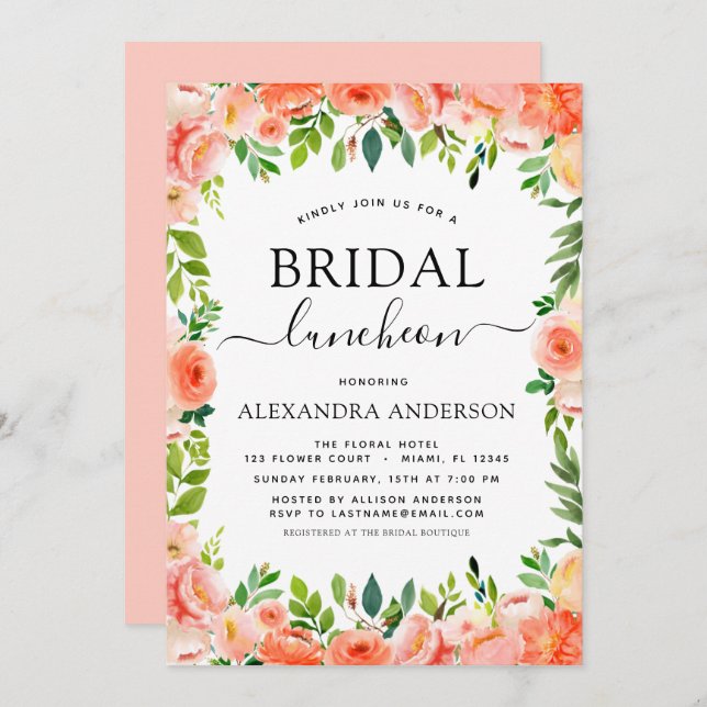 Invitation Fête des mariées Coral Peach Luncheon Floral (Devant / Derrière)