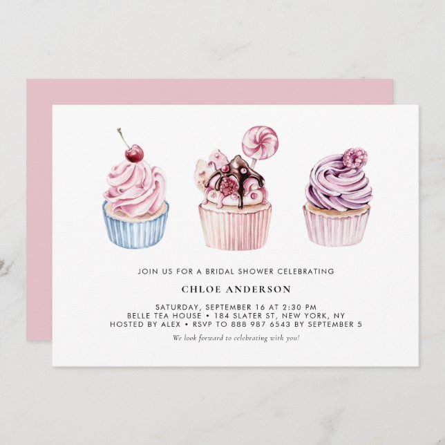 Invitation Fête des mariées Cupcakes rose et violet à l'aquar (Devant / Derrière)