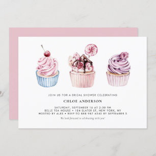 Invitation Fête des mariées Cupcakes rose et violet à l'aquar