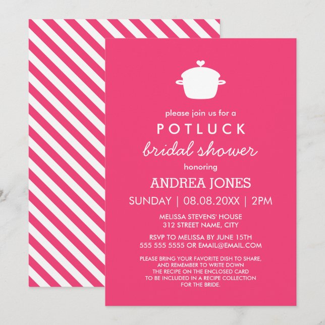 Invitation Fête des mariées Cute Potluck | Blanc rose (Devant / Derrière)