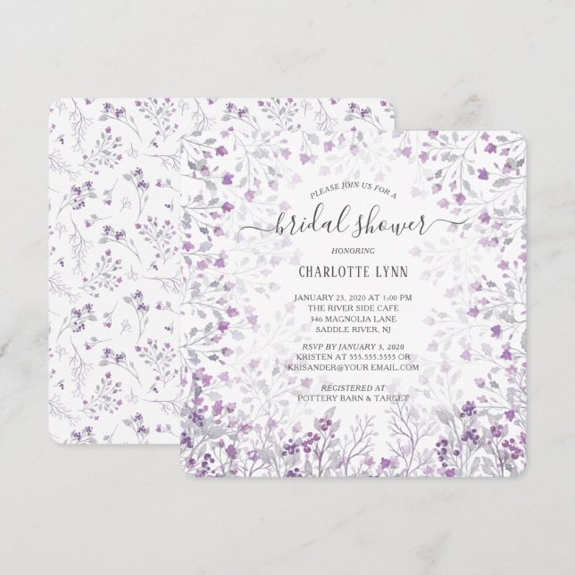 Invitation Fête des mariées Dainty Purple Aquarelle Fleurs (Devant / Derrière)