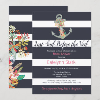Invitation Fête des mariées d'Ancre florale à bande marine