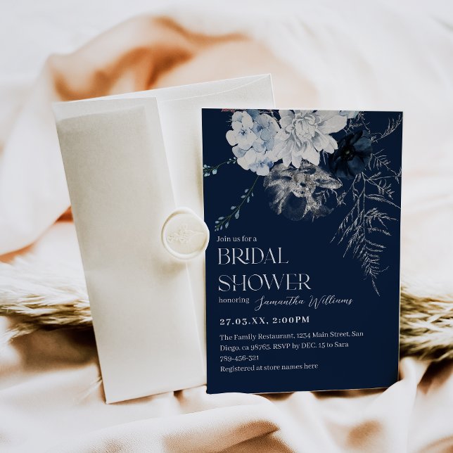 Invitation Fête des mariées d'aquarelle bleu Fleur d'hiver (Créateur téléchargé)