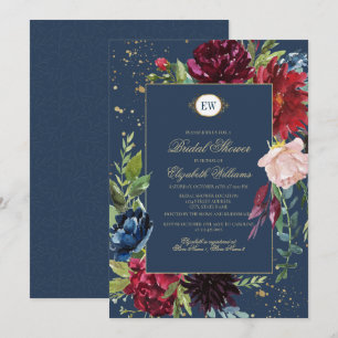 Invitation Fête des mariées d'aquarelle bleu marine, bourgogn