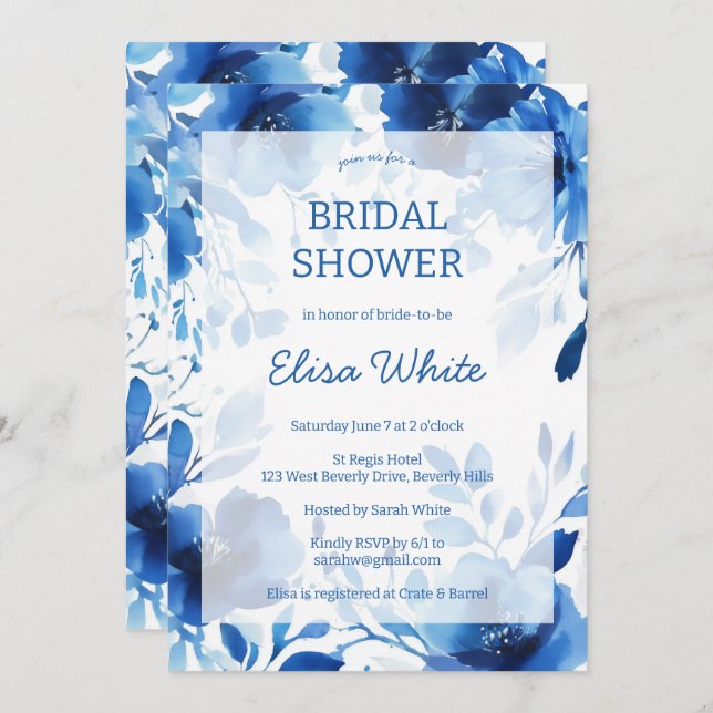 Invitation Fête des mariées d'aquarelle Blue Blooms PERSONNAL (Devant / Derrière)