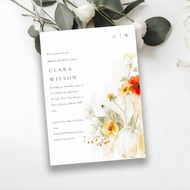 Invitation Fête des mariées d'aquarelle Citrouille fleur sauv (Créateur téléchargé)