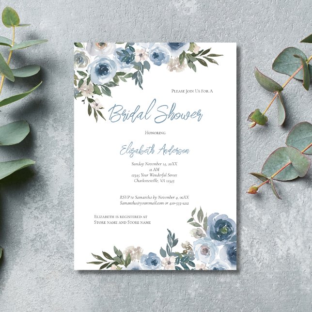 Invitation Fête des mariées d'aquarelle couleur bleu bleu cla (Blue White Floral Watercolor Bridal Shower Invitation- Elegant and Formal)