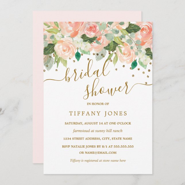 Invitation Fête des mariées d'aquarelle florale de l'or (Devant / Derrière)