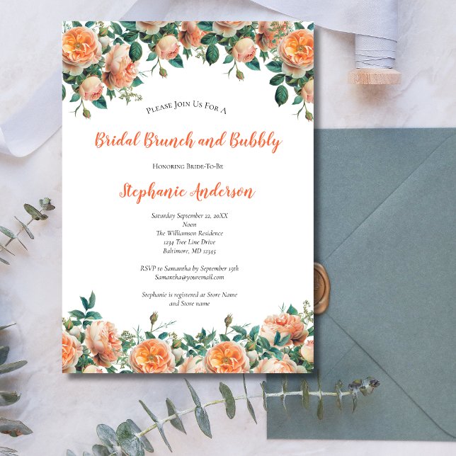 Invitation Fête des mariées d'aquarelle florale Pêche Brunch (Peach Floral Greenery Watercolor Elegant Bridal Shower Brunch Bubbly Invitation. Printed or Download)