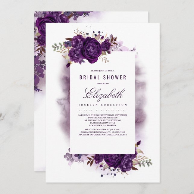 Invitation Fête des mariées d'Aquarelle Florale pourpre d'aub (Devant / Derrière)