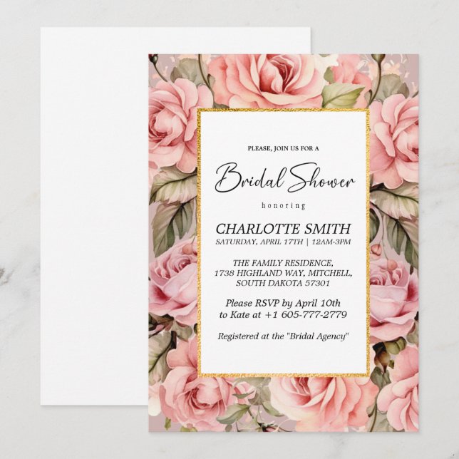 Invitation Fête des mariées d'aquarelle florale Rose (Devant / Derrière)