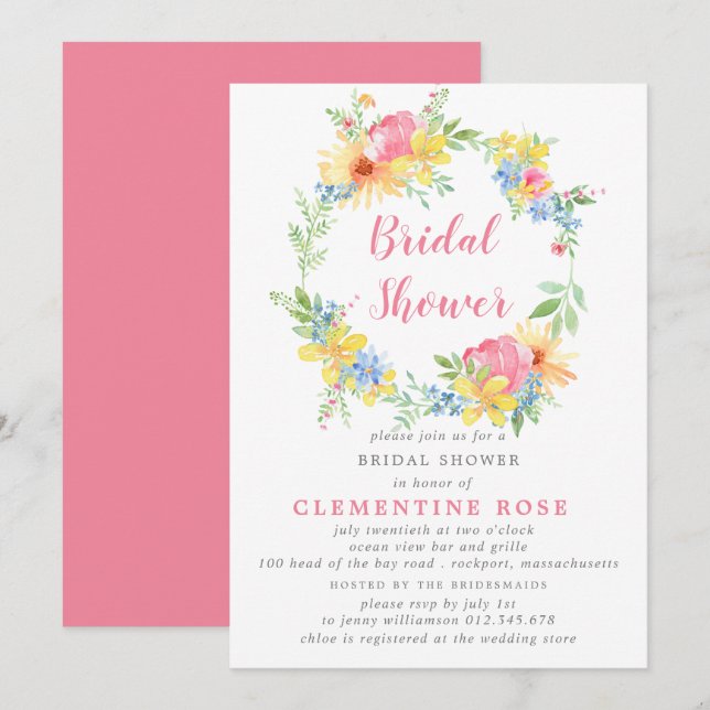 Invitation Fête des mariées d'aquarelle florale rose d'été (Devant / Derrière)