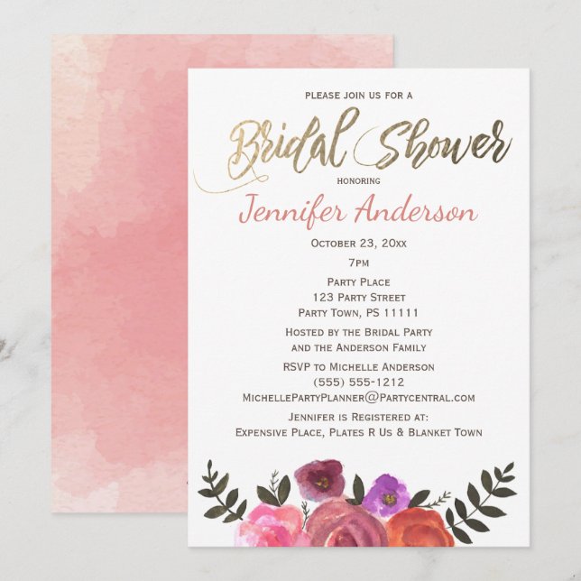Invitation Fête des mariées d'aquarelle Florale Rose simple (Devant / Derrière)