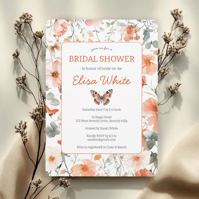 Invitation Fête des mariées d'aquarelle Papillon Meadow PERSO (Butterfly Meadow Watercolor Bridal Shower CUSTOM Invitation
)