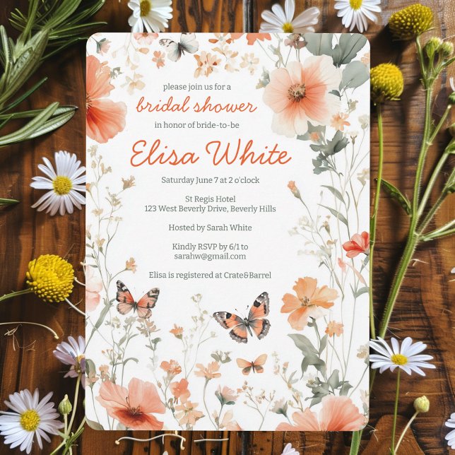 Invitation Fête des mariées d'aquarelle Papillon Meadow PERSO (Butterfly Meadow Watercolor Bridal Shower CUSTOM Invitation
)