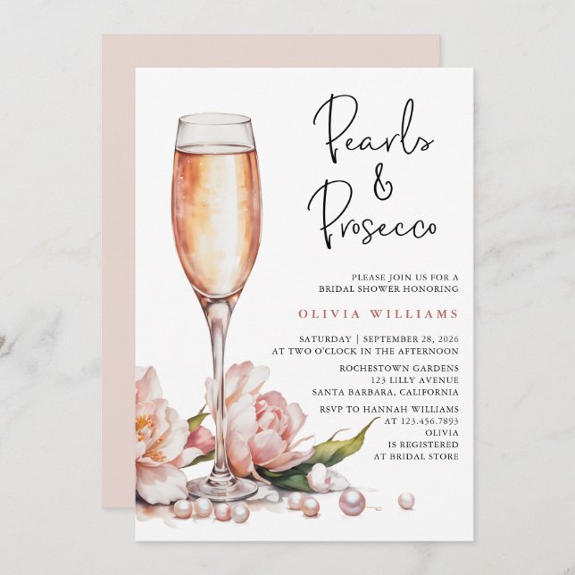 Invitation Fête des mariées d'aquarelle Pearl & Prosecco (Devant / Derrière)