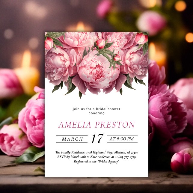 Invitation Fête des mariées d'aquarelle Pink Peonies (Pink Peonies Watercolor Bridal Shower Invitation)