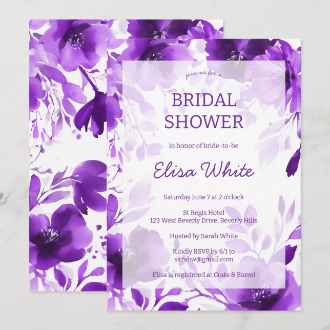 Invitation Fête des mariées d'aquarelle pourpre fleurie PERSO (Devant / Derrière)