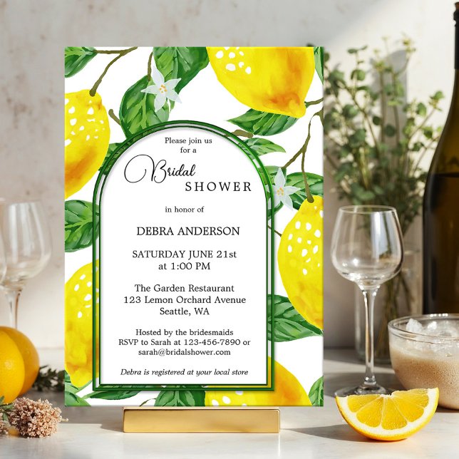 Invitation Fête des mariées d'aquarelle principale de citron (Mediterranean bridal shower invite showing watercolor lemon citrus fruits with fresh green leaves)