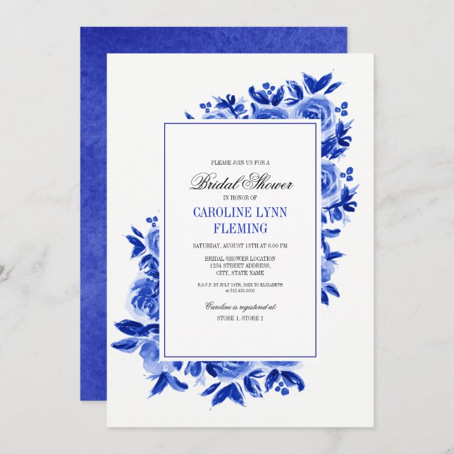 Invitation Fête des mariées d'aquarelle Royal Blue Floral (Devant / Derrière)