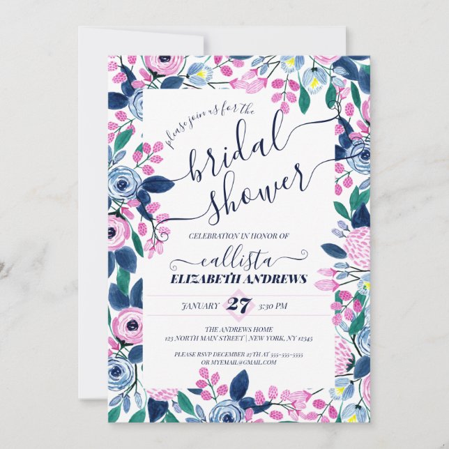 Invitation Fête des mariées d'aquarelle Sweet Rose Navy Fleur (Devant)