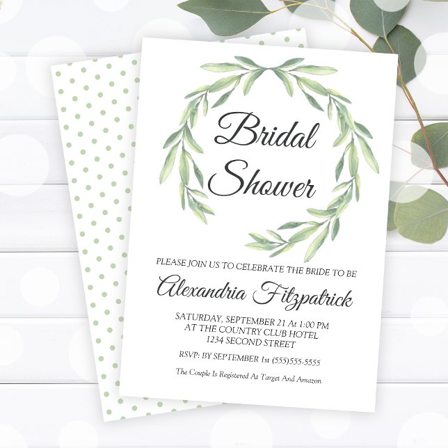 Invitation Fête des mariées d'aquarelle verte simple (Simple Greenery Watercolor Wreath Bridal Shower Invitation)