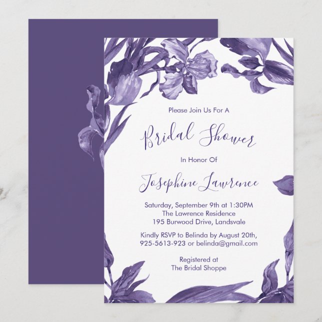 Invitation Fête des mariées d'aquarelle violet Iris (Devant / Derrière)