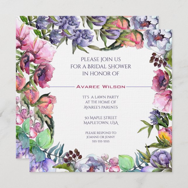 Invitation Fête des mariées d'aquarelles Spring Bouquet (Devant / Derrière)